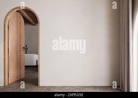 Intérieur de salle de bain beige avec mur vide pour maquette, plancher de bois franc, baignoire, plantes. Accessoires de bain et fenêtre dans le studio de l'hôtel, arches. Banque D'Images