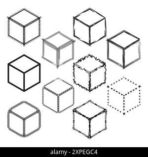 Jeu de cadres cubiques. Styles de ligne variés. Formes vectorielles géométriques. Contours noirs abstraits. Illustration de Vecteur