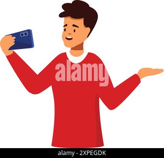 Le jeune homme tient un smartphone, prend un selfie ou enregistre un blog vidéo, et fait des gestes avec son autre main comme s'il présentait quelque chose Illustration de Vecteur
