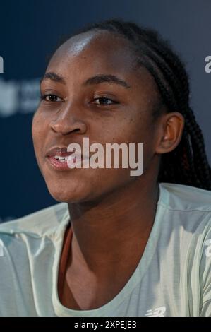 Toronto, Canada. 5 août 2024. Le joueur de tennis Coco Gauff assiste à une conférence de presse au WTA 1000 Toronto National Bank Open. Christopher Child/EXimages crédit : EXImages/Alamy Live News Banque D'Images