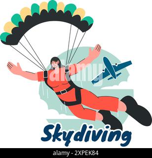 Illustration vectorielle de parachutisme avec parachutes et saut en ciel pour les activités de plein air dans un fond de dessin animé Flat Extreme Sport style Illustration de Vecteur