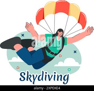 Illustration vectorielle de parachutisme avec parachutes et saut en ciel pour les activités de plein air dans un fond de dessin animé Flat Extreme Sport style Illustration de Vecteur