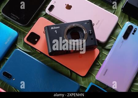 Terengganu, Malaisie - 23 août 2024 : divers téléphones de marque comme pixel, iphone, huawei, poco, samsung et d'autres sur des feuilles vertes éparpillées. Banque D'Images
