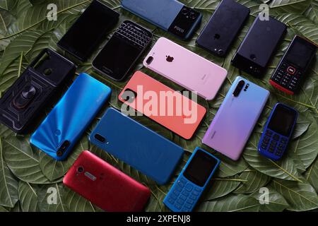 Terengganu, Malaisie - 23 août 2024 : divers téléphones de marque comme pixel, iphone, huawei, poco, samsung et d'autres sur des feuilles vertes éparpillées. Banque D'Images