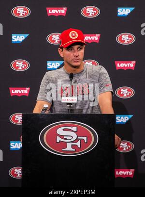 04 août 2024 Santa Clara U.S.A CA San Francisco le quarterback des 49ers Brock Purdy(13)parle aux médias après le jour 10 du camp d'entraînement des 49ers de San Francisco au SAP performance Facility au Levi's Stadium Santa Clara Calif. Thurman James/CSM Banque D'Images