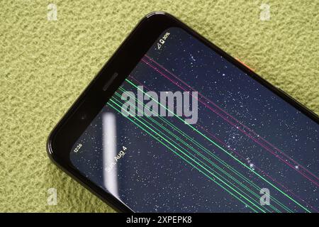 Terengganu, Malaisie - 23 août 2024 : gros plan sur les problèmes d'affichage d'écran vert sur le smartphone google pixel 4 sur fond vert Banque D'Images