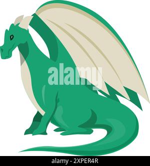 Dragon vert assis calmement, montrant ses ailes puissantes Illustration de Vecteur