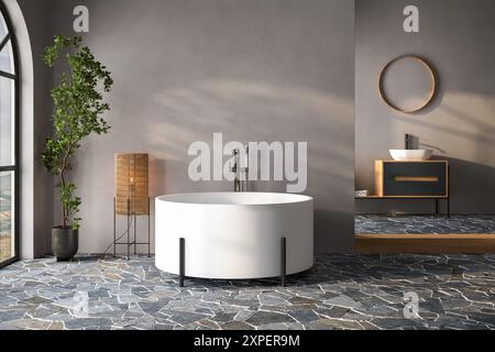 Intérieur de salle de bains de style campagnard avec vanité, lavabo blanc, baignoire, sol en trottoir et murs gris foncé, Banque D'Images