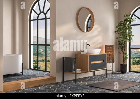 Intérieur de salle de bains de style campagnard avec vanité, lavabo blanc, baignoire, sol de chaussée et murs beiges, Banque D'Images