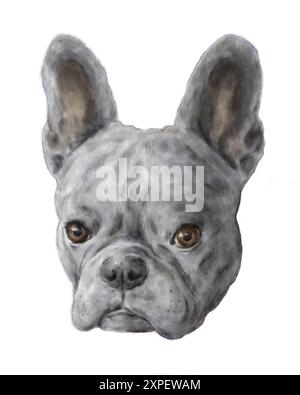 Bouledogue français ou dessin de tête de chien français isolé sur fond blanc. Concept d'animal domestique de compagnie. Banque D'Images