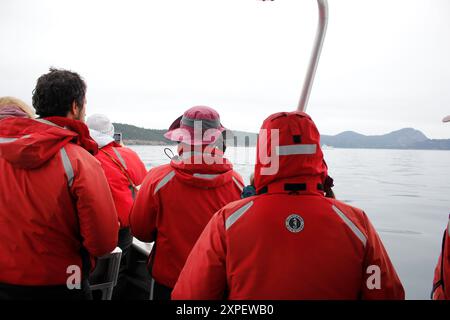 Friday Harbor, Washington, États-Unis - 09-11-2021 : une vue de gens sur un bateau, participant à l'observation des baleines. Banque D'Images