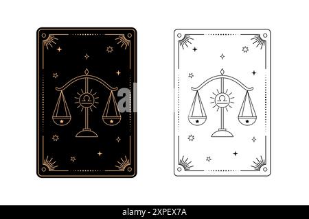 Carte de tarot style libra zodiaque. Style dessin au trait simple. Illustration de Vecteur