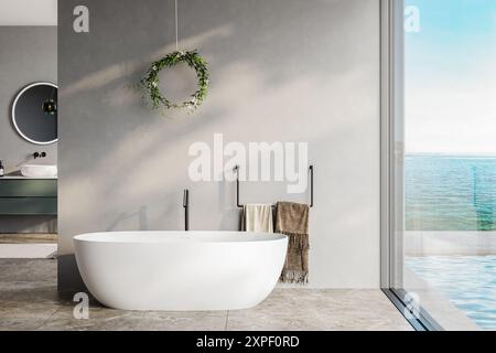 Rendu 3D d'une salle de bain moderne avec murs gris, baignoire blanche, vanité verte, miroir noir, lavabo, sol en terrazzo, et une vue sur la piscine et la mer fro Banque D'Images