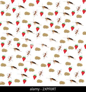cafard mignon, fourmi avec des cookies et fraise comme fond de motif Illustration de Vecteur