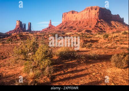 Monument Vally, Utah, vue au lever du soleil de (G à d) Stagecoach, Bear and Rabbit, Castle Butte, King sur son trône et Brigham's Tomb. (ÉTATS-UNIS) Banque D'Images