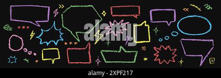 Kit de crayons à bulles de parole. Collection d'éclairs de craie dessinés à la main, flash, signes d'étoiles. Boîtes de dialogue colorées enfant sur fond noir. Vecteur Illustration de Vecteur