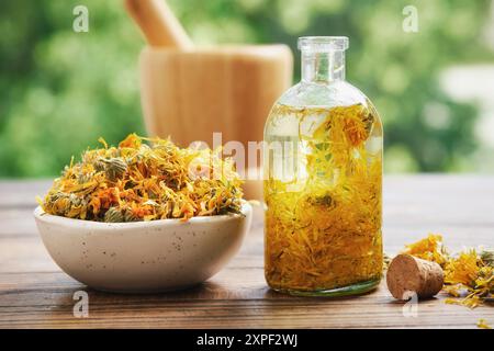 Bouteille d'huile essentielle de calendula, infusion ou sérum, bol de fleurs de souci saines et séchées. Phytothérapie alternative. Les soins de santé. Banque D'Images