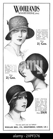 Publicité de mode britannique 1930 pour les chapeaux de femmes Woodlands. Banque D'Images