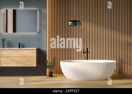 Baignoire confortable et vanité avec lavabo debout dans la salle de bains moderne avec des murs bleus et en bois et parquet. Vue de face Banque D'Images