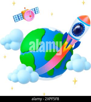 Voyage spatial 3d concept. Vaisseau spatial, étoiles et nuages de la planète Terre. Exploration de l'univers recherche cosmos. Rendu réaliste des éléments vectoriels Illustration de Vecteur