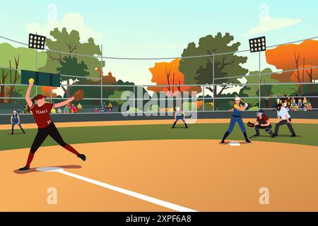 Une illustration vectorielle de femmes de softball jouant dans un match Illustration de Vecteur