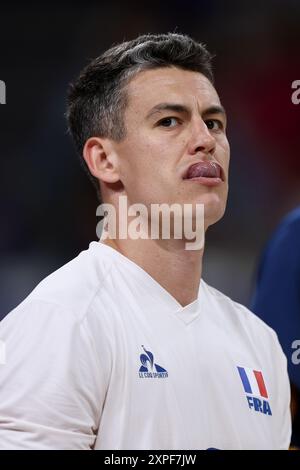 Paris, France. 05 août 2024. Julien Mattia/le Pictorium - Volleyball- quarts de finale France/Allemagne - Paris 2024 - 05/08/2024 - France/Ile-de-France (région)/Paris - lors des quarts de finale masculins de volleyball entre la France et l'Allemagne aux Jeux Olympiques de Paris, à l'Arena Paris Sud, le 5 août 2024. Crédit : LE PICTORIUM/Alamy Live News Banque D'Images