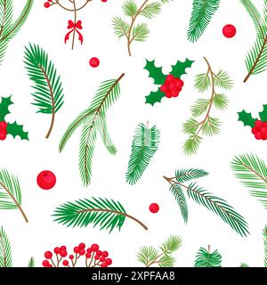 Motif sans couture d'arbre de Noël. Branches de sapin de pin de cèdre. Imitation tissu Doodle Evergreen nature Elements. Fond de vecteur néotérique de plantes Illustration de Vecteur