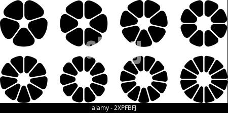 Jeu d'icônes infographiques de division de cercle. Graphique circulaire divisé 8,9,10 parties égales. Diagramme rond de pizza ou de fleur. Segment et fraction de roue infographique Illustration de Vecteur