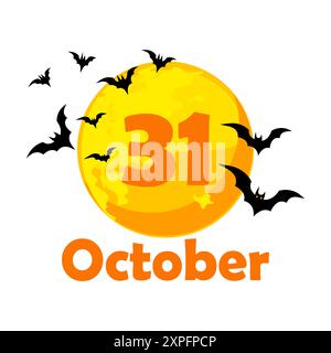 Date d'Halloween. 31 octobre - Joyeux Halloween. Lune de dessin animé avec des chauves-souris noires. Illustration de la page du calendrier ou de votre carte de vœux imprimée Illustration de Vecteur