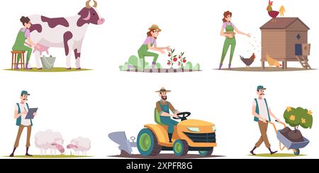 Caractères agricoles. Agriculteurs jardiniers travailleurs ruraux gens dans la campagne personnes de village de vecteur exact dans le style de dessin animé Illustration de Vecteur