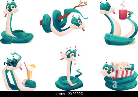 Snake. Symboles de 2025 personnages drôles mignons de serpent vert du nouvel an dans différentes poses modèles de conception de mascotte vectorielle exacte Illustration de Vecteur