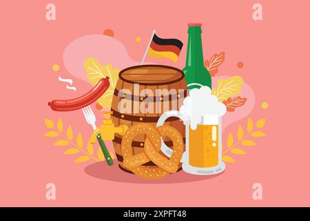 Affiche Oktoberfest avec saucisse en fût de bière et bretzel. Illustration vectorielle plate de dessin animé Illustration de Vecteur