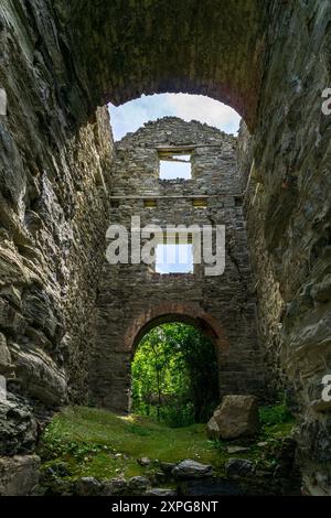 À l'intérieur d'un bâtiment de mine d'étain délabré près de Blue Hills & Trevellas Coombe, St Agnes, Cornwall, Royaume-Uni Banque D'Images