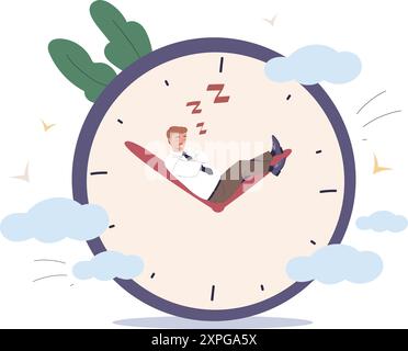 Productivité lente. Homme d'affaires ennuyé temps d'horloge de repos de l'employé endormi, homme paresseux compte à rebours de l'efficacité de la gestion de la discipline de la motivation limite concept de motivation vecteur illustration auteurs graphiques Illustration de Vecteur
