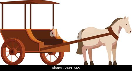 Cheval blanc avec une crinière et une queue brunes, tirant un chariot en bois vide avec un toit brun Illustration de Vecteur