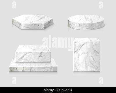 Podiums de marbre réalistes. Socle de socle debout en pierre blanche pour l'exposition du produit, scène de vitrine de plate-forme 3D moderne bloc de stand isolé, illustration vectorielle exacte des auteurs graphiques Illustration de Vecteur
