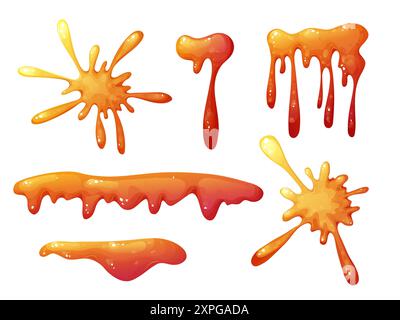 Slime coulant coloré dans le dessin animé. Éclaboussures de mucus et goutte de liquide. Éclaboussures toxiques, élément visqueux collant. Illustration vectorielle isolée sur blanc Illustration de Vecteur