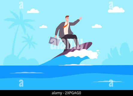 Homme d'affaires surfant vague. Homme d'affaires gestionnaire de succès vitesse vagues de surf sur planche de surf, défi extrême de leadership illustration de vecteur de croissance de réalisation professionnelle auteurs graphiques Illustration de Vecteur