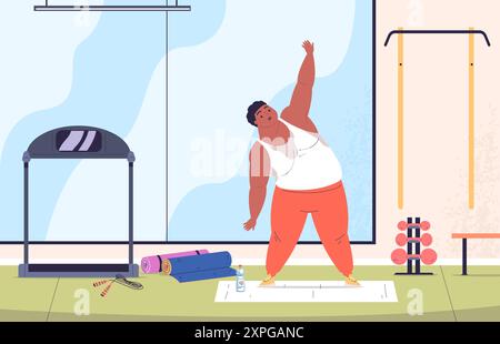Homme obèse dans le gymnase. FAT Sweat Guy entraînement à l'intérieur du club de sport, exercice cardio de caractère chubby pour l'entraînement de fitness actif de perte de poids, illustration vectorielle classique de dessin animé graphiques d'auteurs Illustration de Vecteur