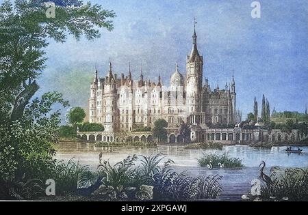 Historische Ansicht, 19 ans. Jahrhundert, von der Stadt und Schloß Schwerin, Mecklenburg-Vorpommern, Deutschland, digital restaurierte Reproduktion von EI Banque D'Images