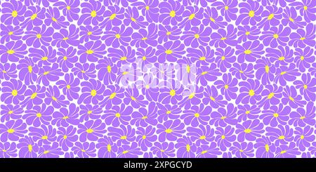 Motif sans couture vibrant de fleurs groovy violettes Marguerites avec des centres jaunes sur un fond blanc. Parfait pour les textiles, les papiers peints et le rétro numérique Illustration de Vecteur