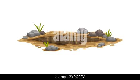 Trou au sol, fosse sale profonde et terrier dans la terre, creusement souterrain de vecteur de bande dessinée. Trou dans le sol ou la fosse creusée et terrier souterrain de marmotte ou de mol Illustration de Vecteur