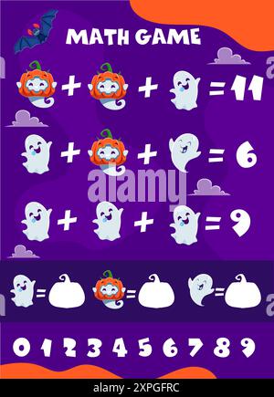 Feuille de calcul de jeu de mathématiques. Mignon Halloween kawaii fantômes personnages et nombres équation vecteur puzzle. Jeu de quiz logique d'éducation pour enfants avec Halloween de dessin animé Illustration de Vecteur