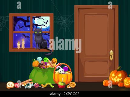 Seau de bonbons d'Halloween, lanterne à la citrouille dispersée à la porte de la maison et chat noir assis sur la fenêtre avec des bougies incandescentes à la nuit de l'horreur. Astuce vectorielle ou Illustration de Vecteur