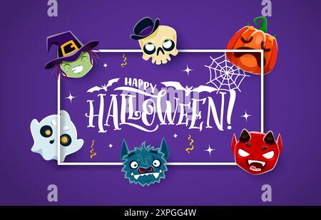 Bannière d'Halloween avec des personnages amusants de vacances emoji de dessin animé. Diable, crâne et chauve-souris, fantôme, citrouille et sorcière kawaii visages ludiques. Voiture de voeux vectoriel Illustration de Vecteur