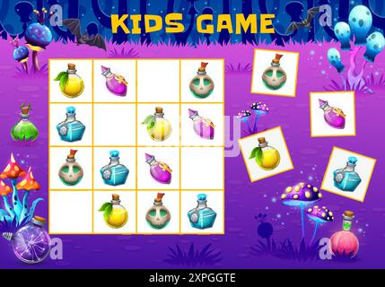 Jeu de sudoku pour enfants d'Halloween avec des bouteilles de potion magique, feuille de calcul de quiz de puzzle vectoriel. Poison de sorcière de dessin animé dans des bouteilles en verre ou élixir de sort dans des fioles pour Illustration de Vecteur