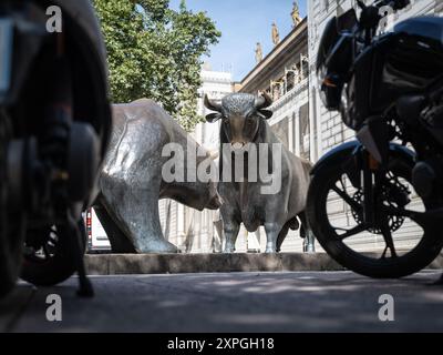 06 août 2024, Hesse, Francfort-sur-le-main : le taureau, symbole de la hausse des cours boursiers, se dresse comme une sculpture en bronze avec l'ours sur une place devant le bâtiment de la Bourse de Francfort. Photo : Frank Rumpenhorst/dpa Banque D'Images