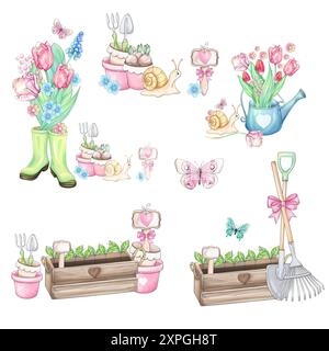 Ensemble aquarelle d'outils de jardin avec des fleurs. Clipart avec tulipes, râteau et poussette, panneau indicateur, pots, boîte de semis. ELEMENT de conception de jardinage printanier pour Banque D'Images