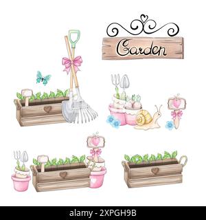 Ensemble aquarelle d'outils de jardin, frontière avec râteau et poussette, panneau indicateur, pots, boîte de semis. Élément de conception de jardinage printanier pour invitation, mariage Banque D'Images