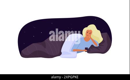 Une femme confortablement allongée dans son lit la nuit à l'aide d'un smartphone, entourée d'un fond de ciel étoilé, représentant la relaxation et l'illustration vectorielle de routine nocturne. Illustration de Vecteur